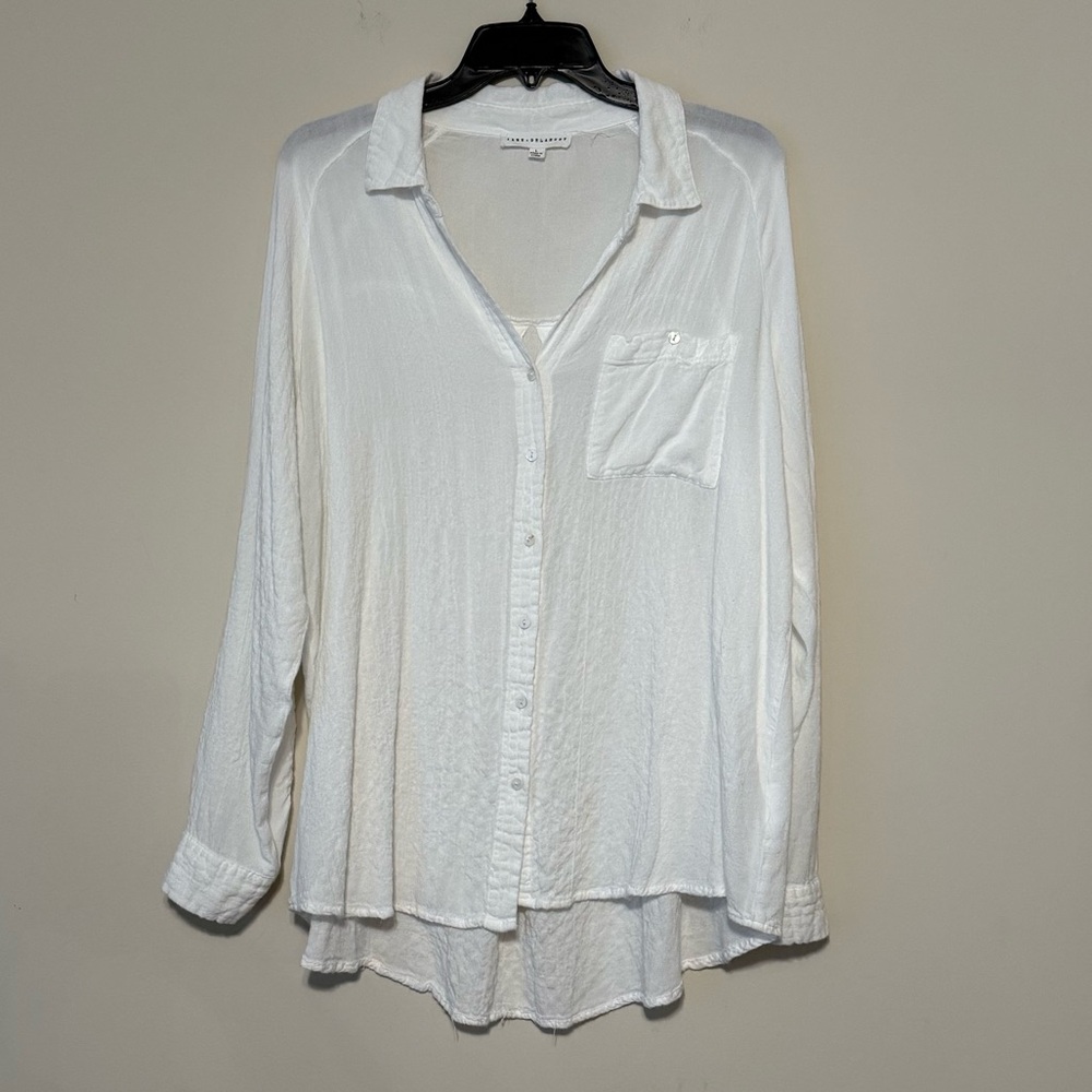 Jane & Delancey Large White Crinkle Textured Rolled Tab Stretch Button Down Sz L